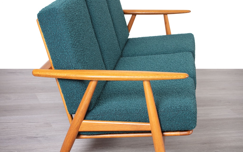 Hans J. Wegner GE 240/3 Cigar Sofa mid century modern Danish 1950 European oak couch original imported Scandinavian seating arm detail