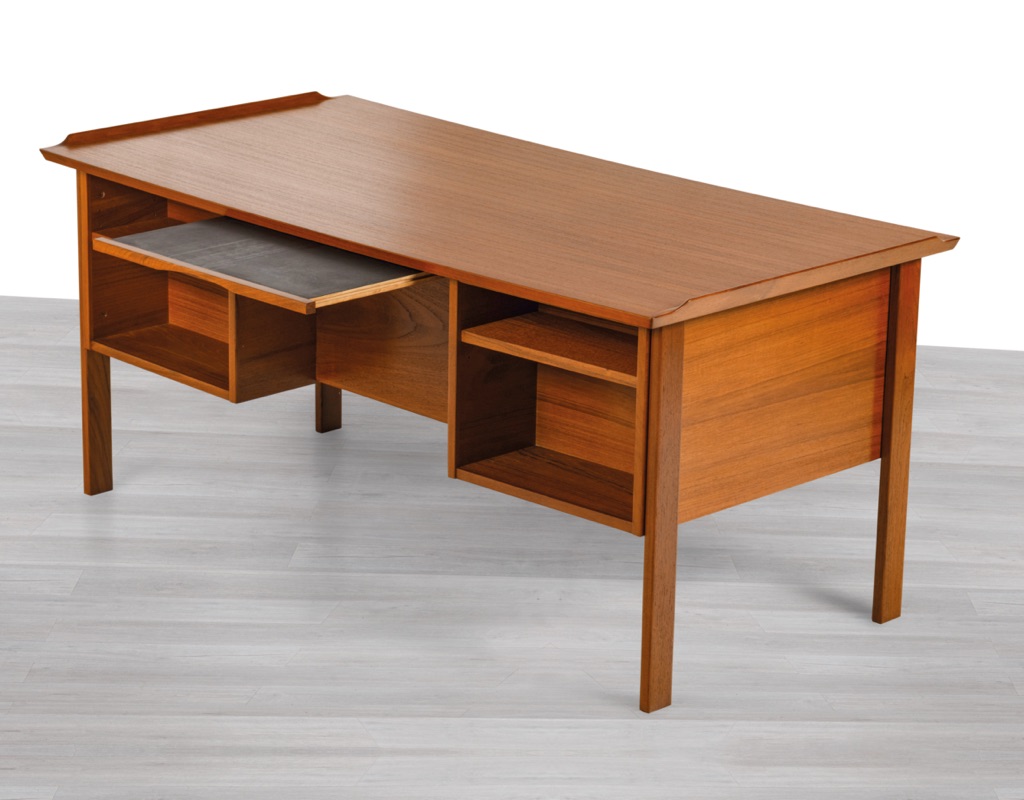 Arne Vodder Desk Teak Danish Vintage 1960s Scandinavian Writing Executive Desk Rear Storage Pull Out Shelf Lipped Edge