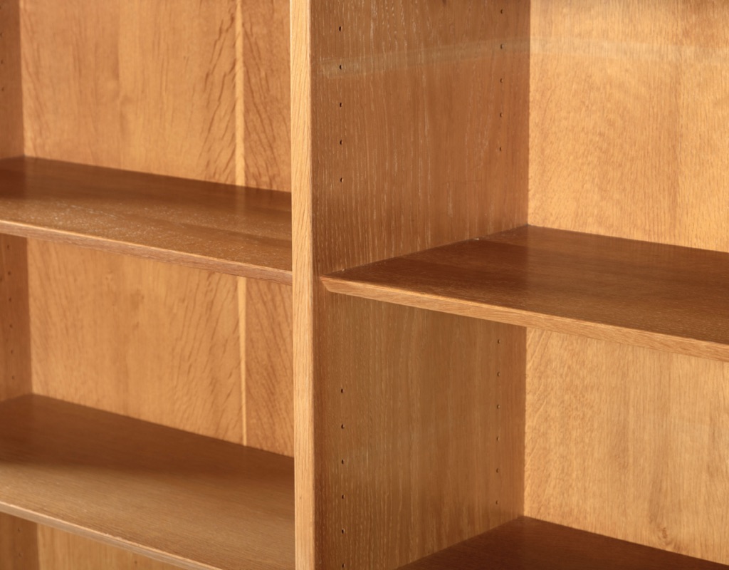 Mid century modern Carlo Jensen Hundevad Mobelfabrik bookshelf Danish 1960s European oak Brazilian Rosewood plinth base adjustable shelves double bookcase wire pulls