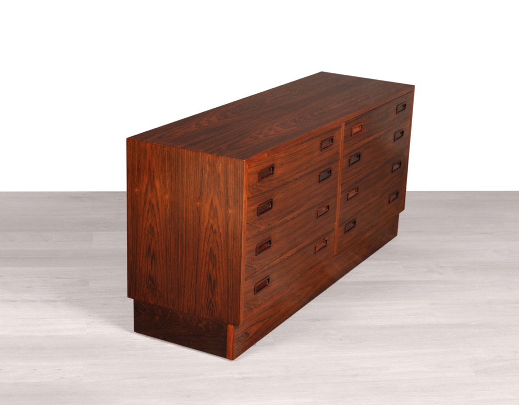 Carlo Jensen Poul Hundevad & Co Brazilian Rosewood double chest of drawers Danish vintage mid century modern tall boy sideboard 1960s signature handles