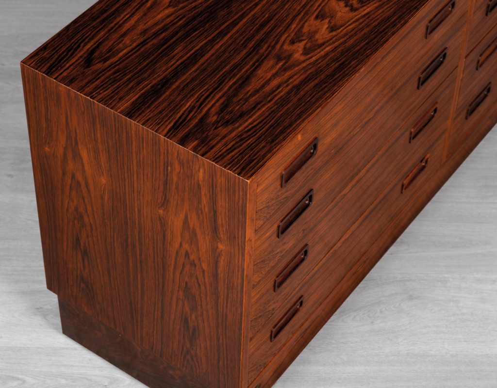 Carlo Jensen Poul Hundevad & Co highly figured Brazilian Rosewood double chest of drawers Danish vintage mid century modern tall boy sideboard 1960s