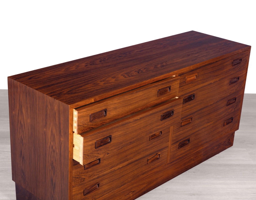Carlo Jensen Poul Hundevad & Co Brazilian Rosewood double chest of drawers Danish vintage mid century modern tall boy sideboard 1960s dovetail