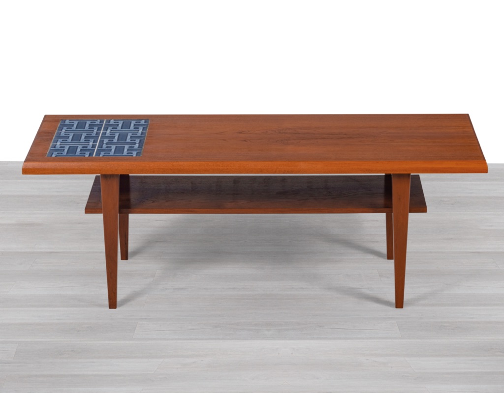 Mid Century Modern Danish Vintage Coffee Table with Tiled Top Sofa Table Shelf Denmark 1960s