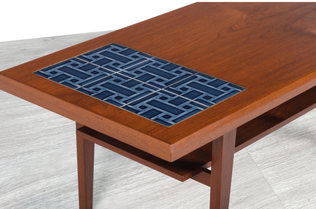 Mid Century Modern Danish Vintage Coffee Table with Tiled Top Sofa Table Shelf Denmark 1960s Ceramic Blue Tiles