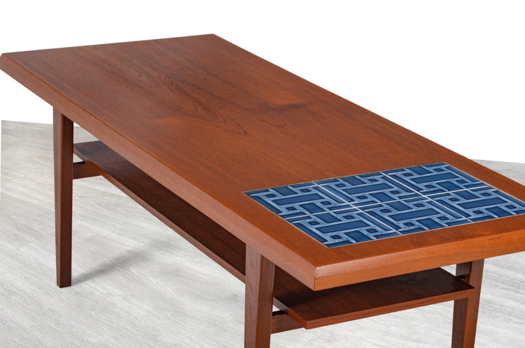 Mid Century Modern Danish Vintage Coffee Table with Tiled Top Sofa Table Shelf Denmark 1960s Blue Ceramic Insert