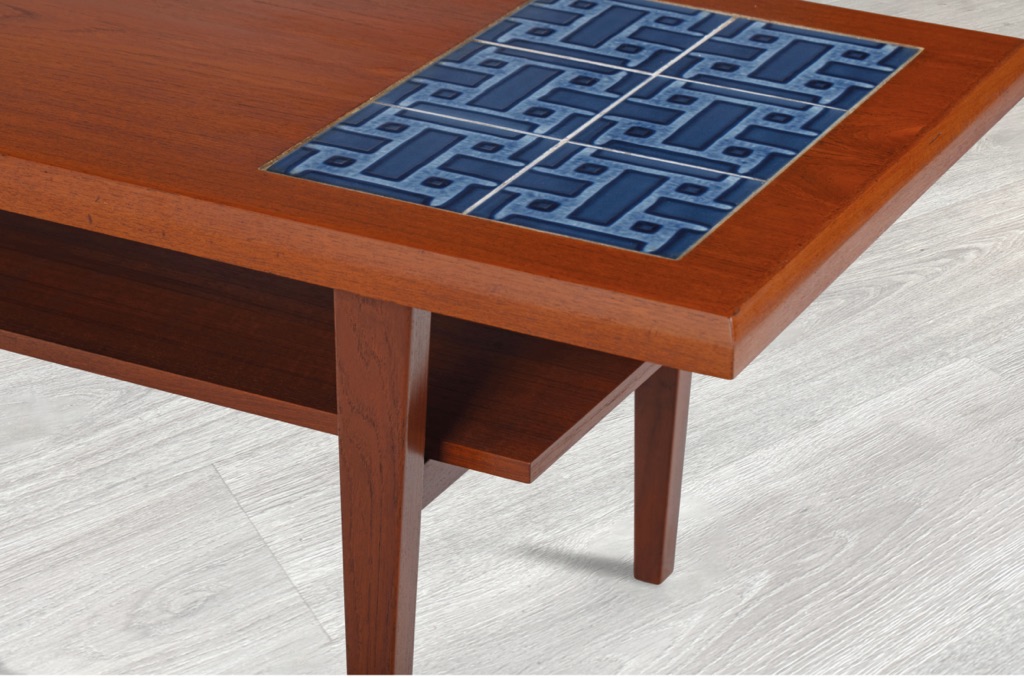 Mid Century Modern Danish Vintage Coffee Table with Tiled Top Sofa Table Shelf Denmark 1960s Inset Blue Tiled Top