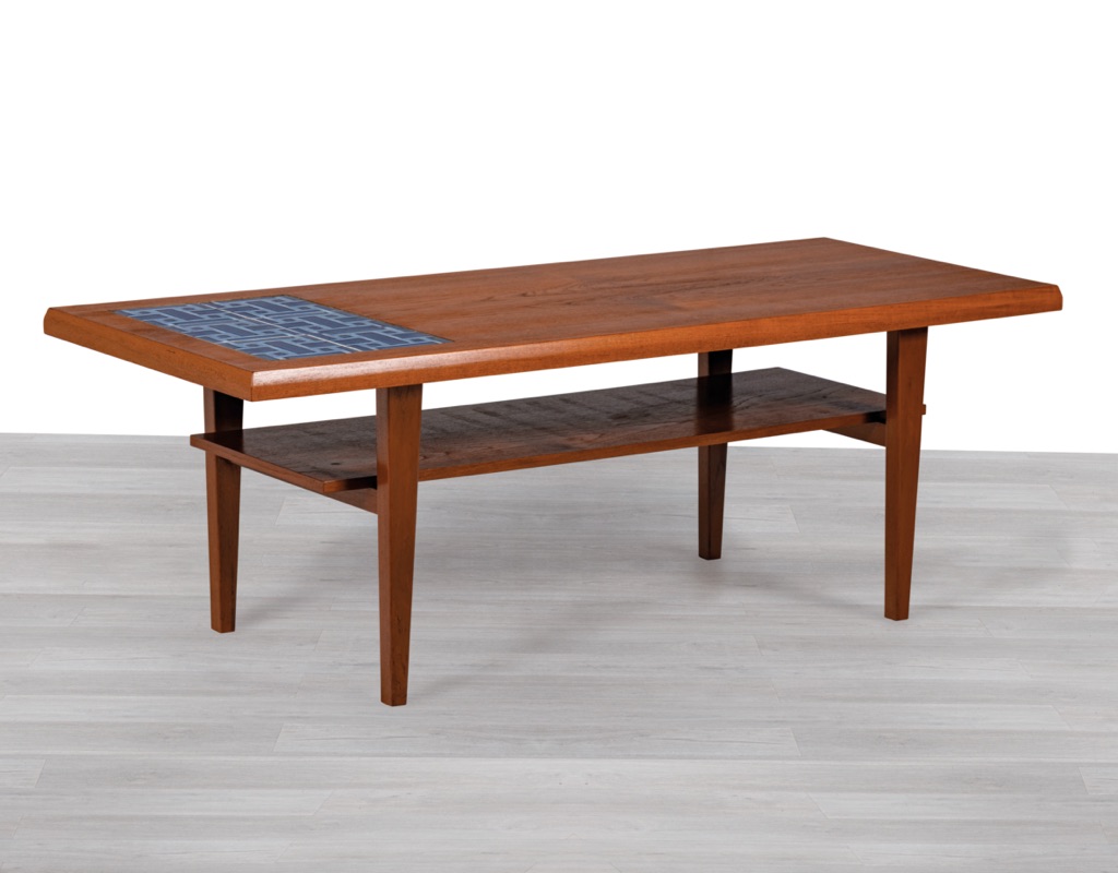 Mid Century Modern Danish Vintage Coffee Table with Tiled Top Sofa Table Shelf Denmark 1960s Blue Ceramic Detail