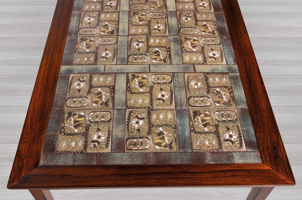 Coffee Table Danish Vintage 1960s Tiled Top Brazilian Rosewood Nils Thorsson Royal Copenhagen Haslev Severin Hansen Scandinavian Baca Faience green brown