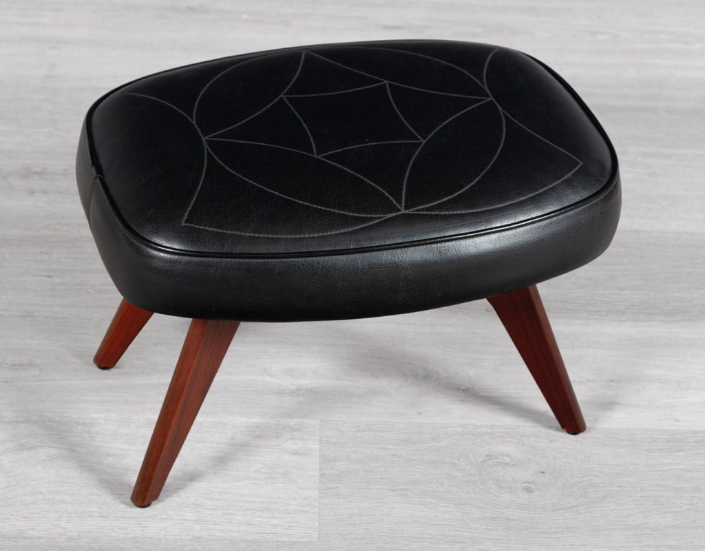 Mid century modern Danish vintage 1960s Footstool with teak splayed legs and original thick black vinyl upholstery stitching Scandinavian footrest footstool ottomans rounded