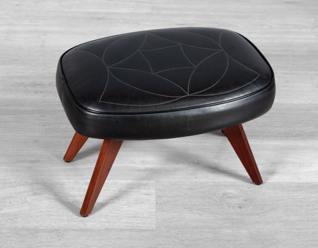 Mid century modern Danish vintage 1960s Footstool with teak splayed legs and original thick black vinyl upholstery stitching Scandinavian footrest footstool ottomans oval