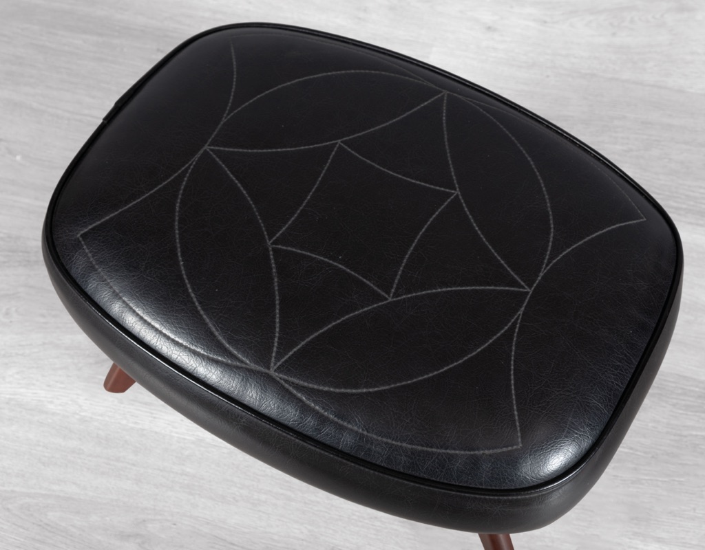 Mid century modern Danish vintage 1960s Footstool with teak splayed legs and original thick black vinyl upholstery stitching Scandinavian footrest footstool ottomans pattern top