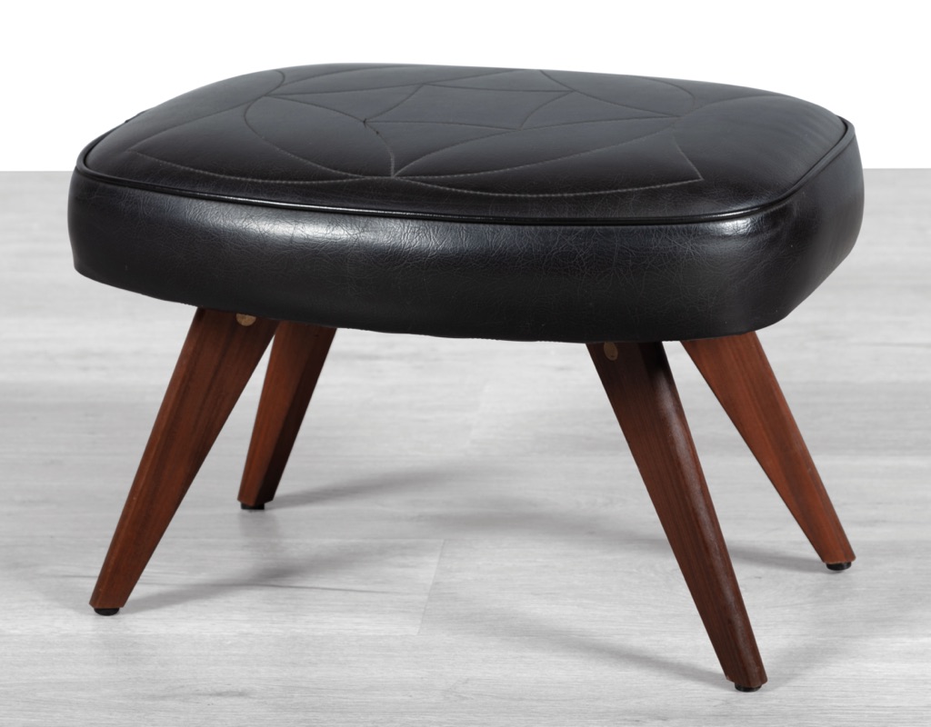 Mid century modern Danish vintage 1960s Footstool with teak splayed legs and original thick black vinyl upholstery stitching Scandinavian footrest footstool ottomans