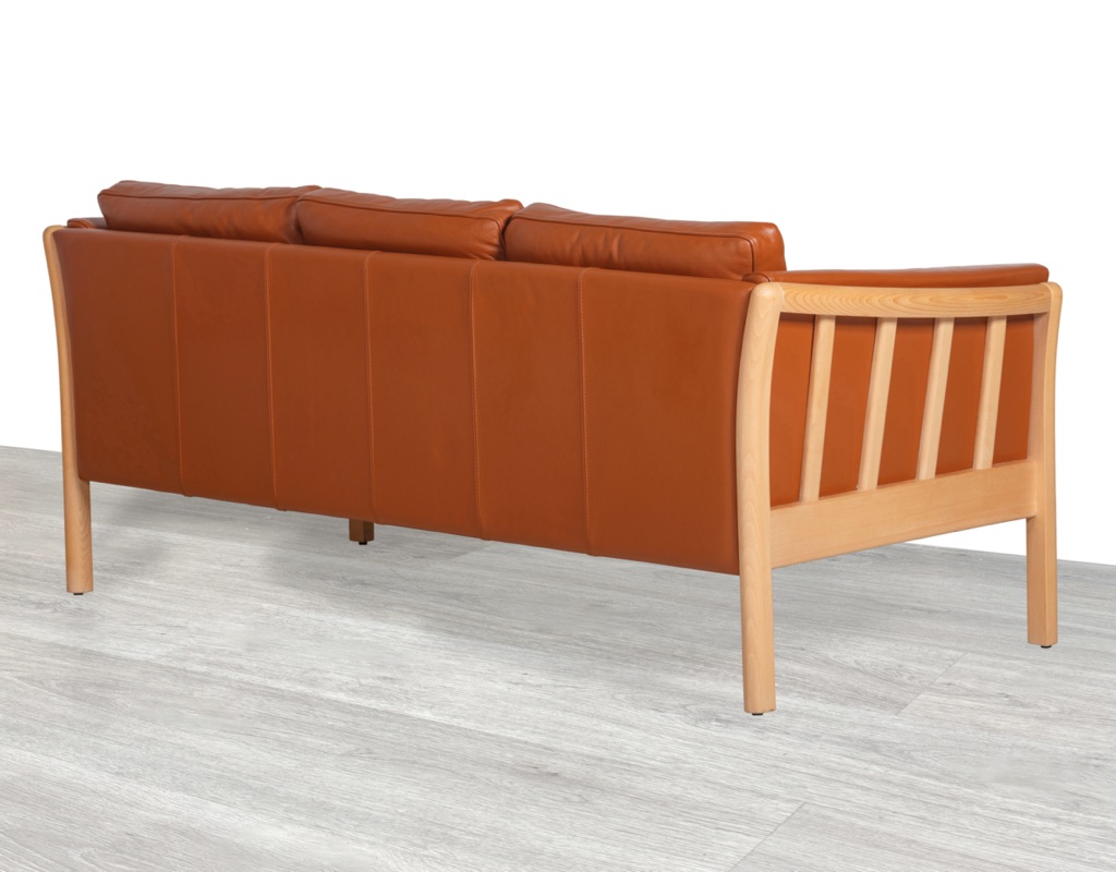 Danish Sofa Couch Vintage Scandinavian Seating by Stouby Skipper Furniture Mogens Hansen Grant Mobler Leather Beech Frame 3 Seater 1960 Tan Back