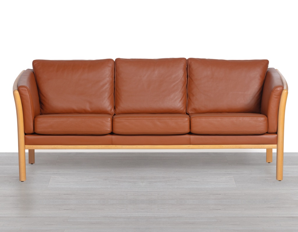 Danish Sofa Couch Vintage Scandinavian Seating by Stouby Skipper Furniture Mogens Hansen Grant Mobler Leather Beech Frame 3 Seater 1960