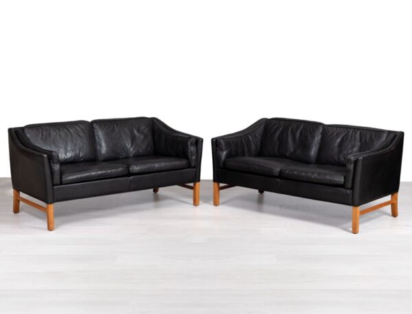 Grant Mobler Danish mid century modern sofa couch 1960s Denmark black leather two seater buffalo leather imported Scandinavian vintage seating