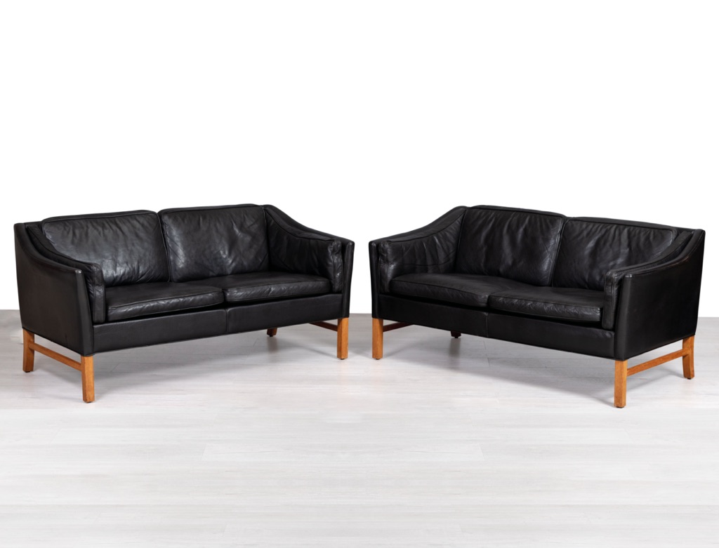 Grant Mobler Danish mid century modern sofa couch 1960s Denmark black leather two seater buffalo leather imported Scandinavian vintage seating