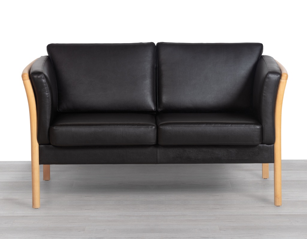 Danish Sofa Couch Vintage Black Leather Two Seater Beechwood Frame Stubby Skipper Mogens Hansen 1960s Imported Scandinavian Seating