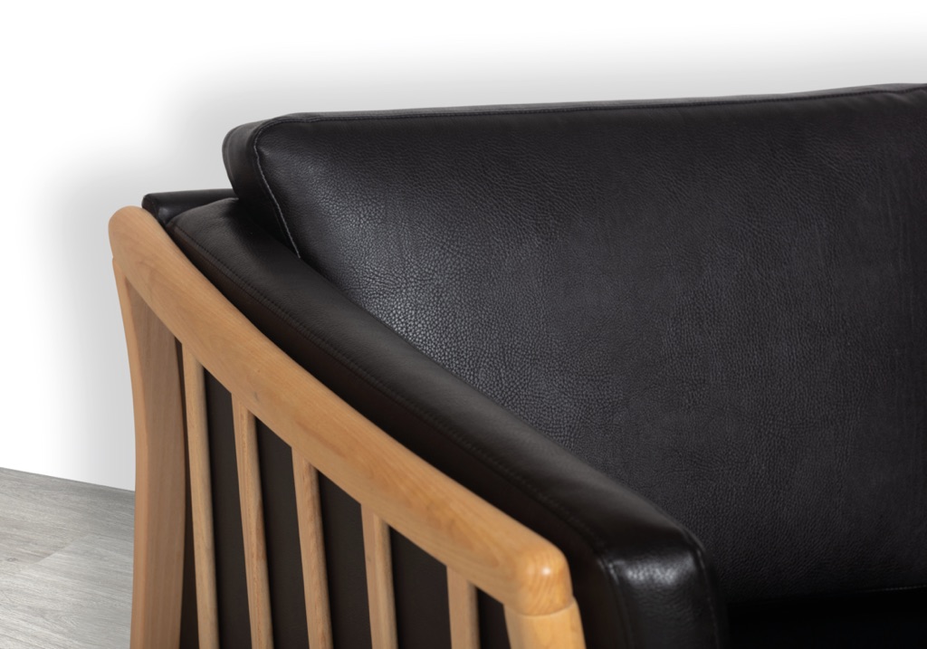 Danish Sofa Couch Vintage Black Leather Two Seater Beechwood Frame Stubby Skipper Mogens Hansen 1960s Imported Scandinavian Seating Arm Detail