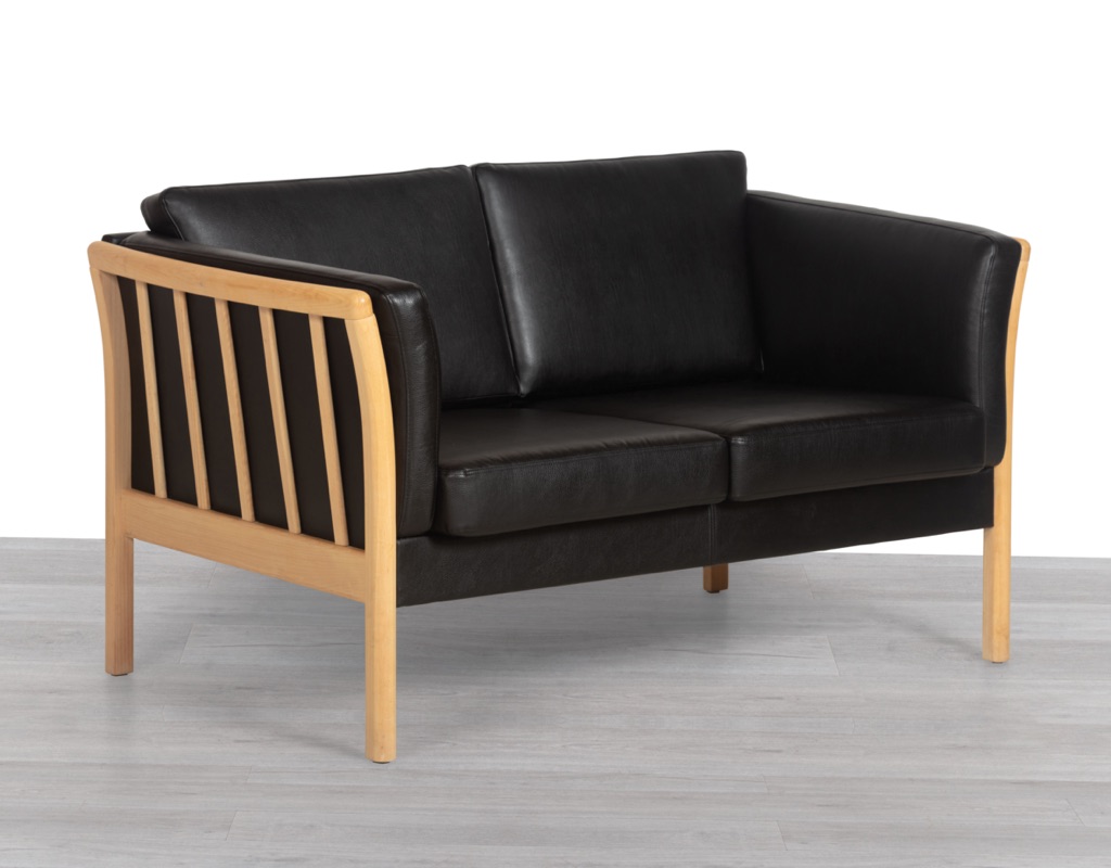 Danish Sofa Couch Vintage Black Leather Two Seater Beechwood Frame Stubby Skipper Mogens Hansen 1960s Imported Scandinavian Seating Melbourne