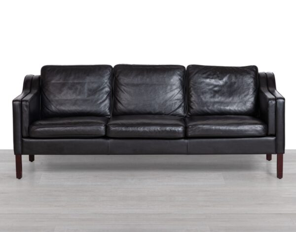 Mid century modern Danish vintage black leather three seater couch sofa by Skipper Denmark original Scandinavian seating Stouby Skipper Mogens Hansen Grant Mobler