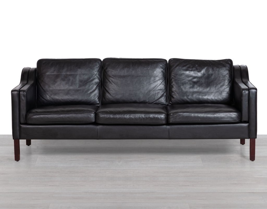 Mid century modern Danish vintage black leather three seater couch sofa by Skipper Denmark original Scandinavian seating Stouby Skipper Mogens Hansen Grant Mobler