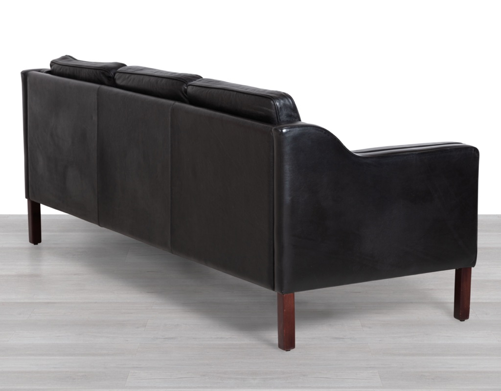 Mid century modern Danish vintage black leather three seater couch sofa by Skipper Denmark original Scandinavian seating Stouby Skipper Mogens Hansen Grant Mobler Borge Mogensen