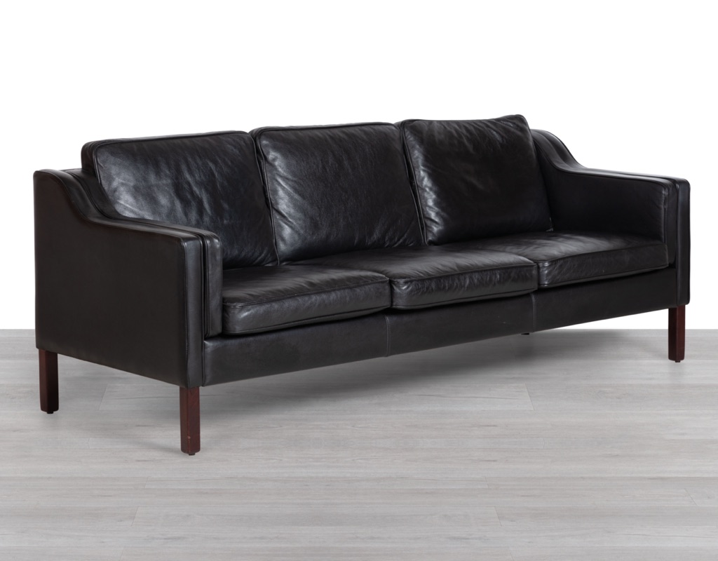 Mid century modern Danish vintage black leather three seater couch sofa by Skipper Denmark original Scandinavian seating Stouby Skipper Mogens Hansen Grant Mobler Borge Mogensen Design