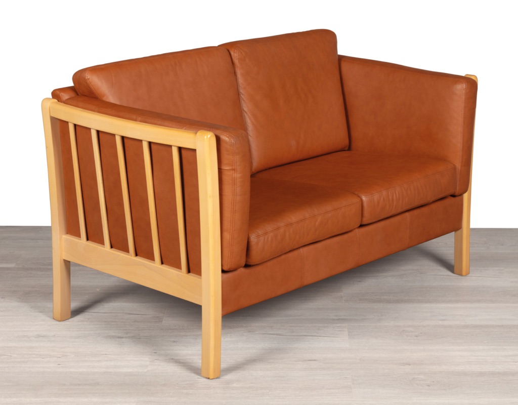 Danish sofa mid century modern couch tan leather two seater beech wood frame Stouby Mogens Hansen HANS WEGNER Skipper Denmark 1960 angle