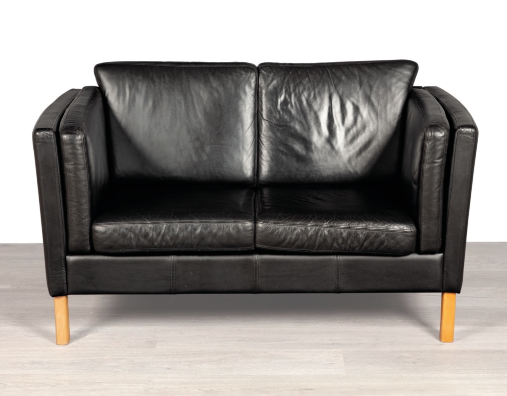 Danish sofa mid century modern couch black leather two seater beech wood frame other seating by Stouby Mogens Hansen Hans Wegner Skipper Grant Mobler Denmark 1960