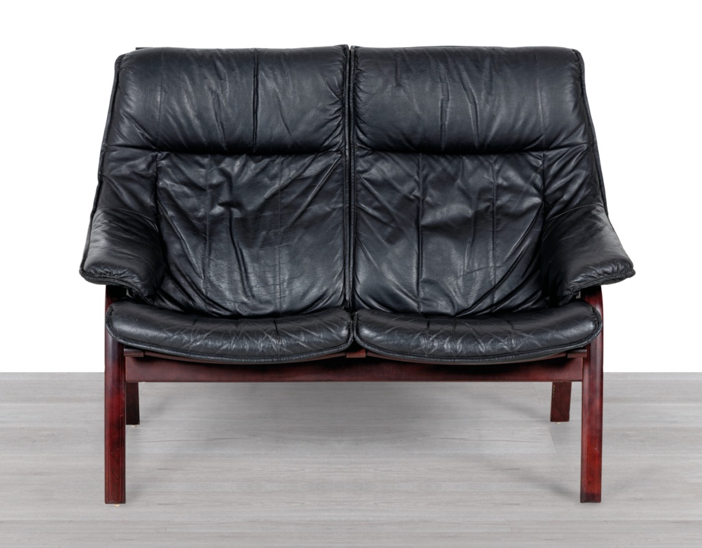 Danish Couch Sofa Ingmar Relling Black Leather Vintage Two Seater Beech frame Norwegian 1970s Siesta Two Seater