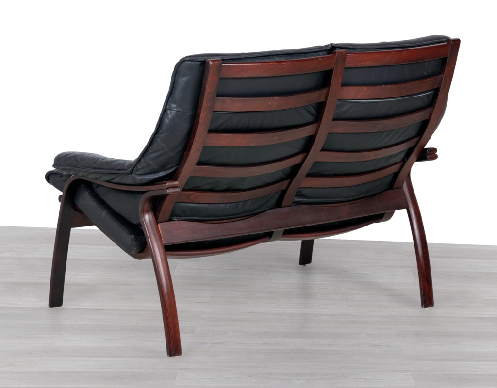 Danish Couch Sofa Ingmar Relling Black Leather Vintage Two Seater Beech frame Norwegian 1970s Siesta Two Seater slatted back