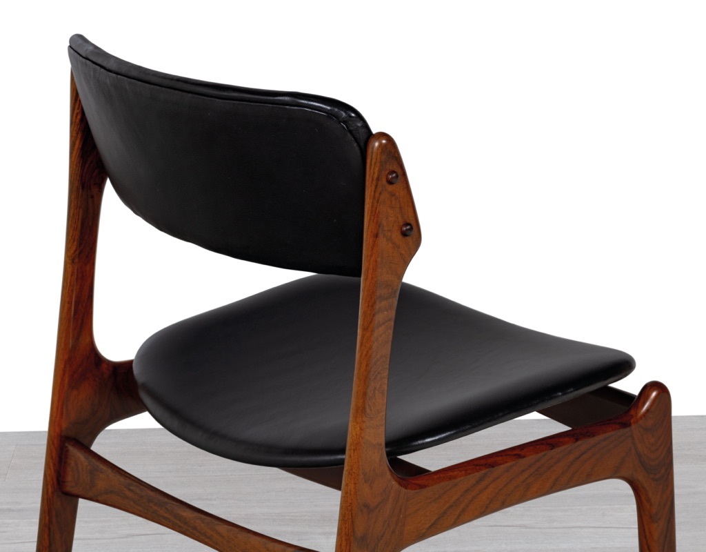 Erik Buch Model 49 Dining Chairs Brazilian Rosewood Mid Century Modern Danish 1960s O.D. Mobler Oddense Mobelfabrik Original Scandinavian Vintage Seating in Melbourne Black Leather