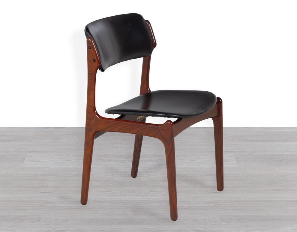 Erik Buch Model 49 Dining Chairs Brazilian Rosewood Mid Century Modern Danish 1960s O.D. Mobler Oddense Mobelfabrik Original Scandinavian Vintage Seating in Melbourne Black Leather Black