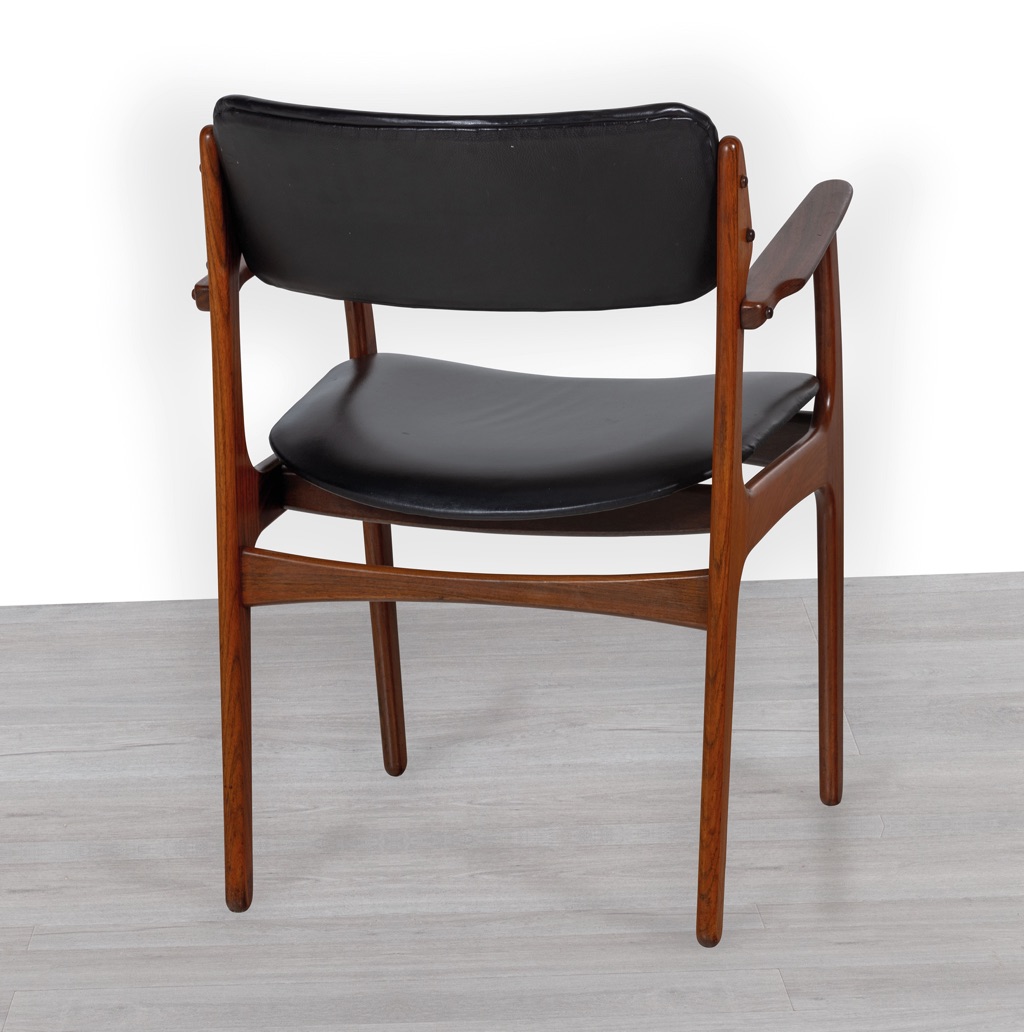 Erik Buch Model 50 Carver Dining Chair Brazilian Rosewood Mid Century Modern Danish 1960s O.D. Mobler Oddense Mobelfabrik Original Scandinavian Vintage Seating in Melbourne Black Leather Armchair Desk Back View