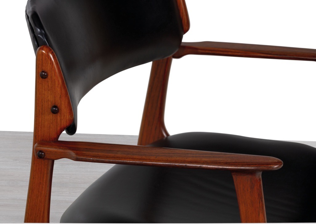 Erik Buch Model 50 Carver Dining Chair Brazilian Rosewood Mid Century Modern Danish 1960s O.D. Mobler Oddense Mobelfabrik Original Scandinavian Vintage Seating in Melbourne Black Leather Armchair arms