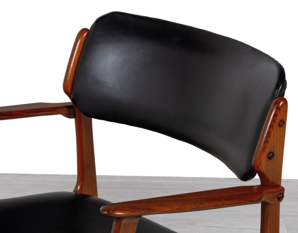 Erik Buch Model 50 Carver Dining Chair Brazilian Rosewood Mid Century Modern Danish 1960s O.D. Mobler Oddense Mobelfabrik Original Scandinavian Vintage Seating in Melbourne Black Leather Armchair Backrest