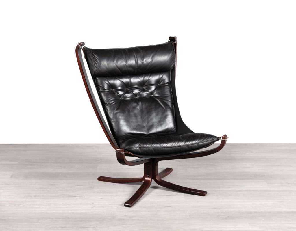 Mid century modern Falcon Chair Sigurd Ressell Vatne Mobler Norwegian 1970s original imported black leather patina Norway armchair vintage Scandinavian seating highback beechwood stained