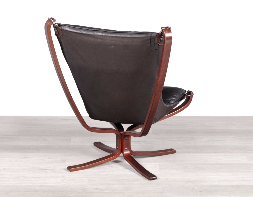 Mid century modern Falcon Chair Sigurd Ressell Vatne Mobler Norwegian 1970s original imported black leather patina Norway armchair vintage Scandinavian seating highback back view