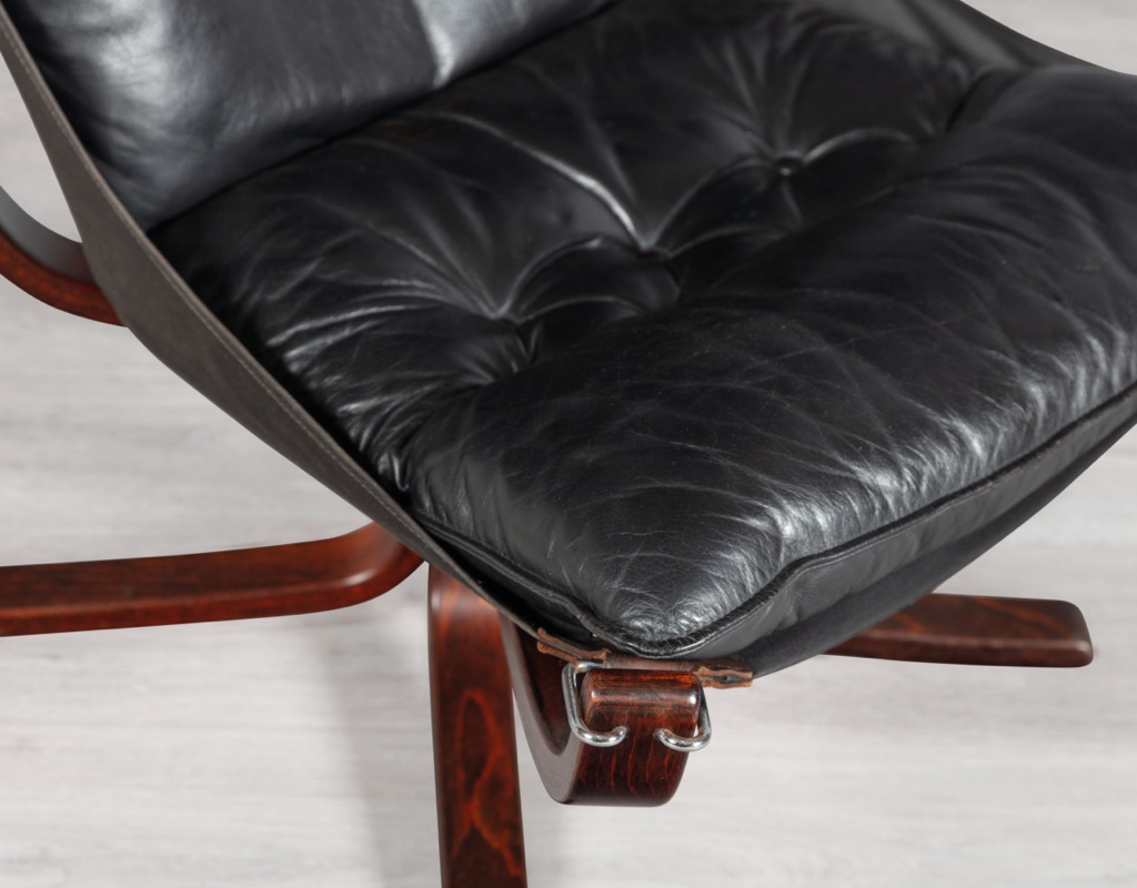 Mid century modern Falcon Chair Sigurd Ressell Vatne Mobler Norwegian 1970s original imported black leather patina Norway armchair vintage Scandinavian seating highback rosewood frame