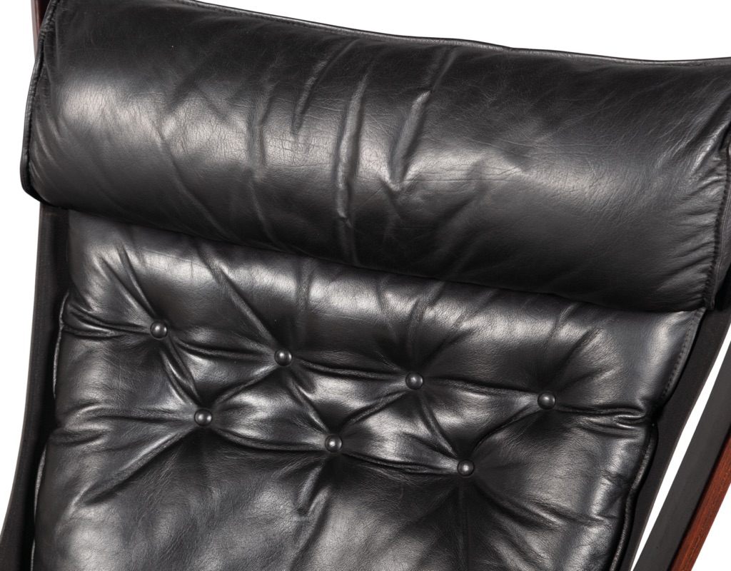 Mid century modern Falcon Chair Sigurd Ressell Vatne Mobler Norwegian 1970s original imported black leather patina Norway armchair vintage Scandinavian seating highback buttoned