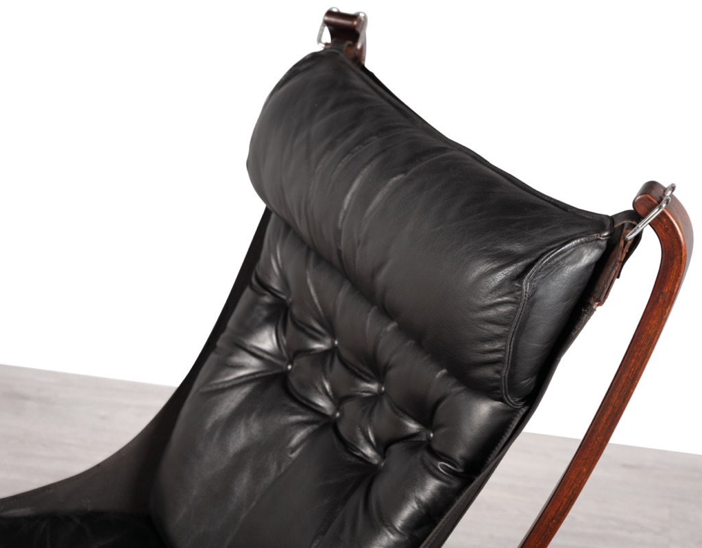Mid century modern Falcon Chair Sigurd Ressell Vatne Mobler Norwegian 1970s original imported black leather patina Norway armchair vintage Scandinavian seating highback headrest patina