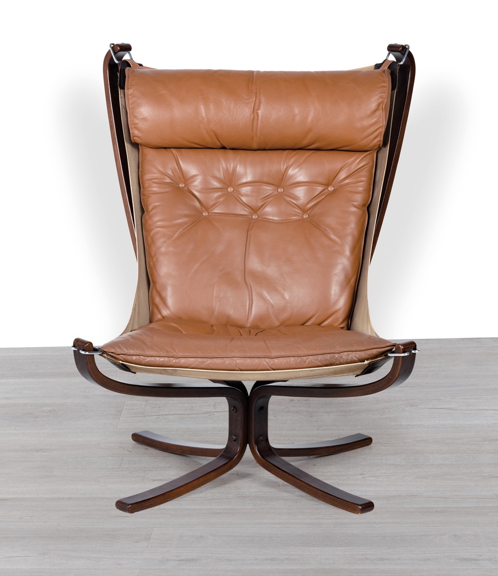 Mid century modern Falcon Chair Sigurd Ressell Vatne Mobler Norwegian 1970s original imported leather Norway armchair vintage Scandinavian seating tan