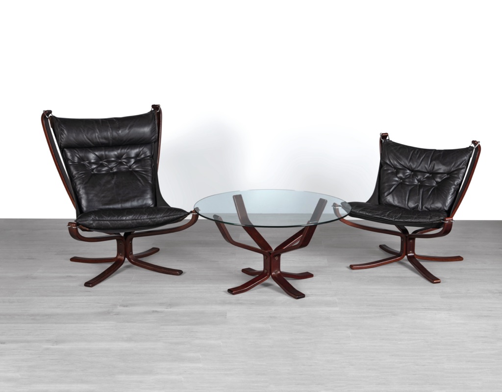 Falcon Chair Coffee Table Sigurd Ressell Vatne Mobler Danish Superstar Genega Mobler Norwegian 1970s Mid Century Modern Original Glass Top set leather armchairs