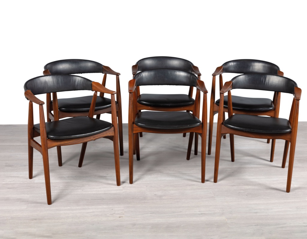 Farstrup Mobler Dining Chairs Thomas Harlev Model 213 Danish 1960s Vintage Scandinavian Dining Room Furniture Seating Teak Black Vinyl Carver Arms Set of Six