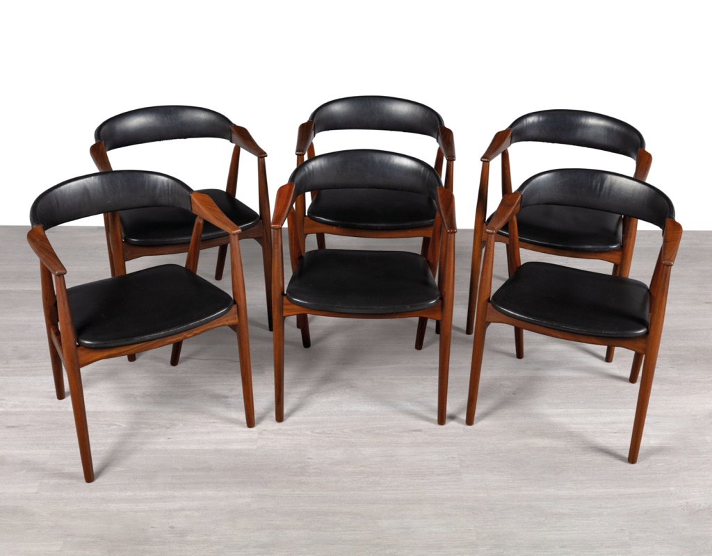 Farstrup Mobler Dining Chairs Thomas Harlev Model 213 Danish 1960s Vintage Scandinavian Dining Room Furniture Seating Teak Black Vinyl Carver Arms set x 6