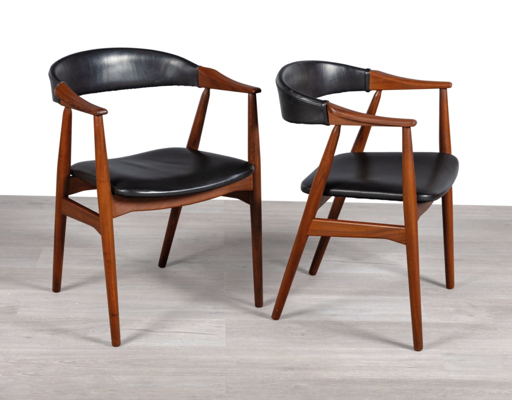 Farstrup Mobler Dining Chairs Thomas Harlev Model 213 Danish 1960s Vintage Scandinavian Dining Room Furniture Seating Teak Black Vinyl Carver Arms Profile