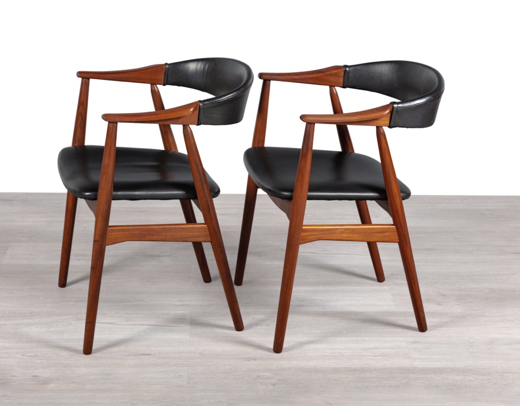 Farstrup Mobler Dining Chairs Thomas Harlev Model 213 Danish 1960s Vintage Scandinavian Dining Room Furniture Seating Teak Black Vinyl Carver Arms two chairs