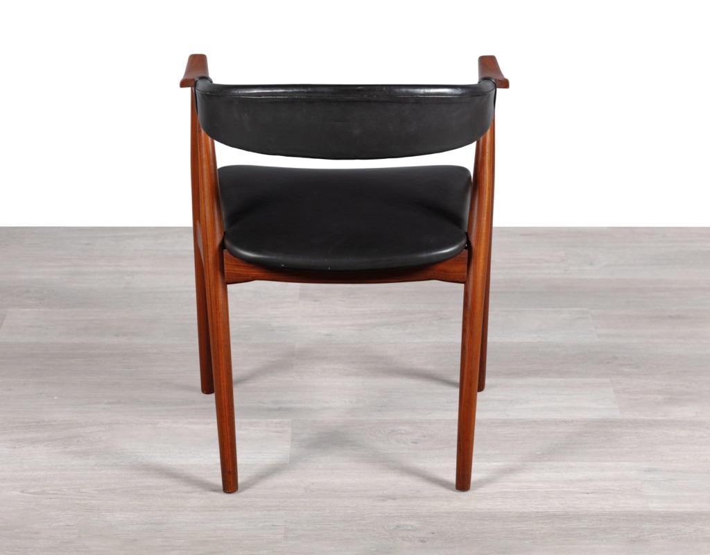 Farstrup Mobler Dining Chairs Thomas Harlev Model 213 Danish 1960s Vintage Scandinavian Dining Room Furniture Seating Teak Black Vinyl Carver Arms Back View