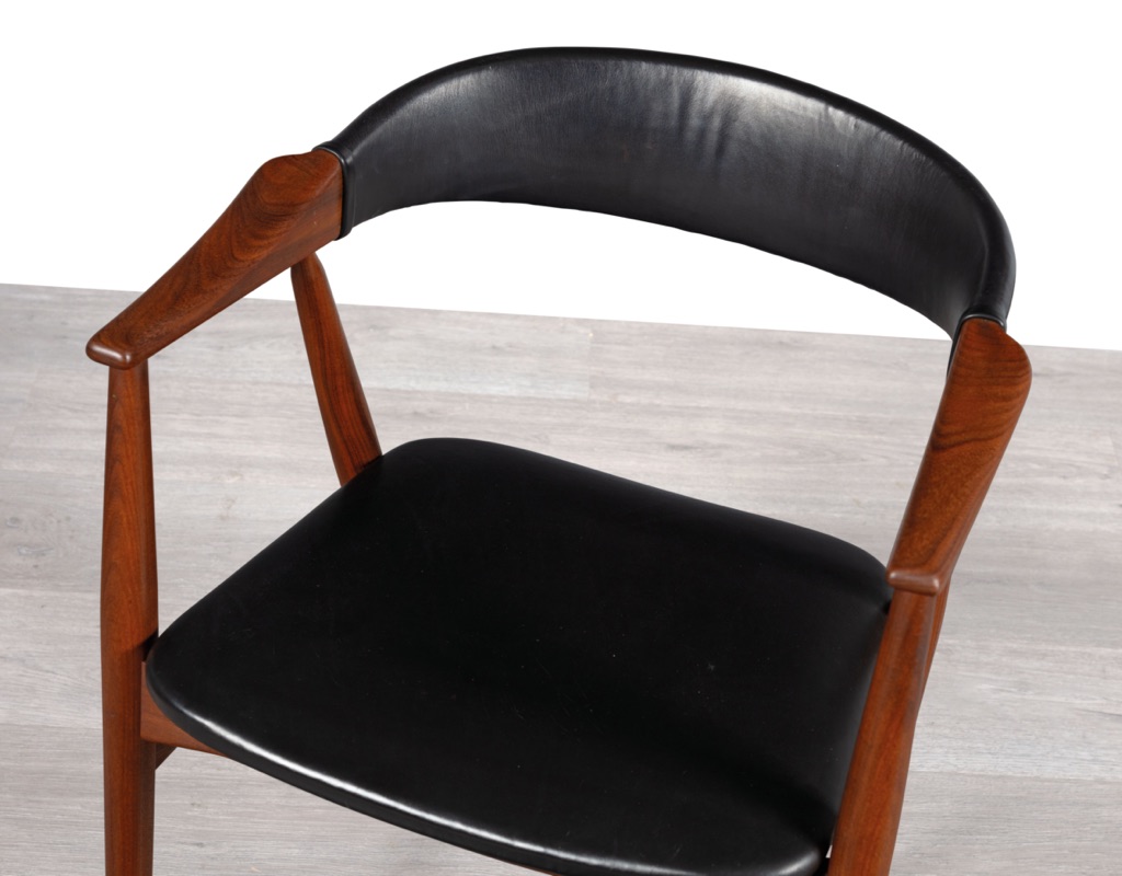 Farstrup Mobler Dining Chairs Thomas Harlev Model 213 Danish 1960s Vintage Scandinavian Dining Room Furniture Seating Teak Original Black Vinyl Carver Arms Patina