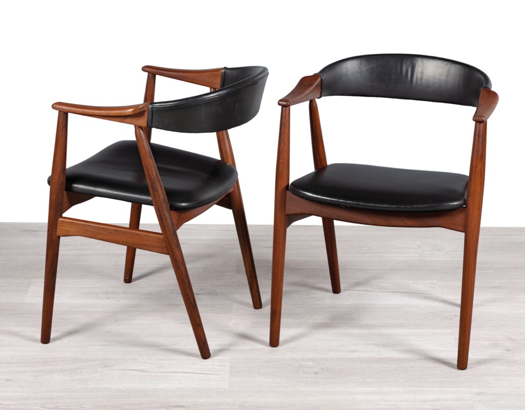 Farstrup Mobler Dining Chairs Thomas Harlev Model 213 Danish 1960s Vintage Scandinavian Dining Room Furniture Seating Teak Black Vinyl Carver Arms Imported